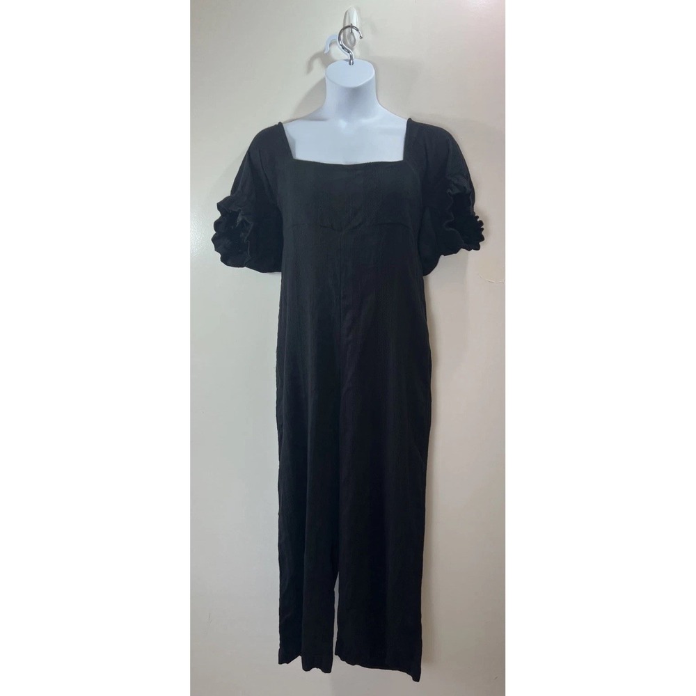 Free People Womens Cotton Linen Jumpsuit L Puff Sleeves Flowy Boho Dark Cottage